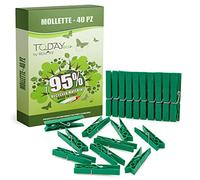 Today Eco - 40 Mollette da bucato 95% plastica riciclata, Made in Italy, Antisegno, Ecologiche, Antiruggine, da plastica post consumo. Misura grande, Resistenti Antivento per panni