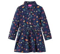 Toddler Girls Dress, Long Sleeve Navy Blue Kids Clothes, Cotton Elastane Fall Party Dress with Leaf Print, Peter Pan Collar, Drawstring Waist, Size 128 for 7-8 Years Old