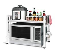 Todeco Estensibile Mensola Microonde Cucina, Ripiano Salvaspazio Cucina, Scaffale Microonde Allungabile Multifunzione in Metallo, con 6 Ganci, Portata 25 kg (36-60) x36 x (34-44) cm, Bianco