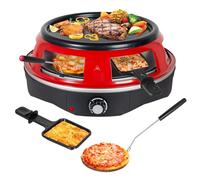 Todeco Forno Pizza Elettrico 3 in 1, con 6 piastre per pizza, 6 teglie per formaggi, piastra grill, 1200 W, Doppia resistenza riscaldante, per mini pizza, grigliare e preparare frittelle, Rosso