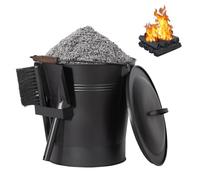 Todeco Secchio per Cenere in Metallo 24 L con Coperchio, Paletta & Spazzola, Resistente al Calore, Manico in Legno, per Camino, Stufa a Legna, Focolare, Barbecue e Campeggio, Nero