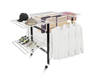 Todeco - Stendibiancheria Pieghevole, Porta Abiti Pieghevole - Materiale: Acciaio inossidabile - Dimensioni delle grandi griglie laterali pieghevoli: 49,0 x 43,2 cm (x 4 pezzi) - 174 x 105 x 84 cm, Nero/Bianco