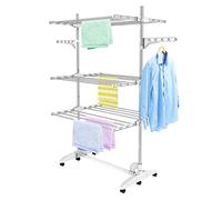 Todeco - Stendino Per Biancheria, Stendibiancheria - Materiale: Tubi in acciaio inossidabile - Carico massimo: 3 kg per ciascun barra di sostegno - 3 ripiani, Bianco, con ali