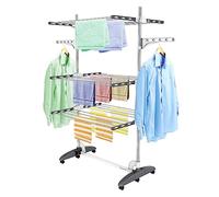 Todeco Stendino Pieghevole Salvaspazio a 3 Livelli con 6 Ruote, 2 Ali, Appendiabiti in Acciaio Inossidabile, Stendibiancheria da Esterno Interno, Grigio