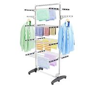 Todeco Stendino Pieghevole Salvaspazio a 4 Livelli con 6 Ruote, Barra Superiore, 2 Ali, Appendiabiti in Acciaio Inossidabile, Stendibiancheria da Esterno Interno, Grigio