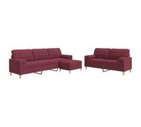 Todiikf Set divano 3 pezzi con sgabello e cuscino rosso vino tessuto | Elegante set di mobili imbottiti per il soggiorno: include divano a 2 posti, divano a 3 posti, sgabello e quattro comodi