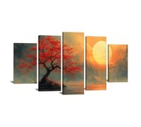 TODOAA 5 pezzi Astratto Quadri Soggiorno Grande Albero della vita Murale del tramonto dell'albero del lago Pittura Moderni Poster - Camera da letto Ufficio Decorazioni-100x200cm Incorniciato
