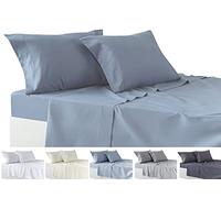 Todocama Set di lenzuola da 4 pezzi, lenzuolo con angoli elasticizzati - sopra - due federe da 50 x 80 cm. (Letto 135-135x190/200 cm, grigio-blu)
