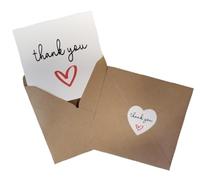 TODOKRAFT 5 biglietti di ringraziamento con 5 buste kraft e 10 etichette adesive a forma di cuore con scritta "Thank you" originali biglietti di ringraziamento.