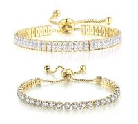 TOEECY 2 Pezzi Bracciale Tennis Donna Zirconi Bianchi Taglio Diamante Cristallo Regolabile Classico per Regali Compleanno Anniversario Mamma Figlia (Oro,#1)