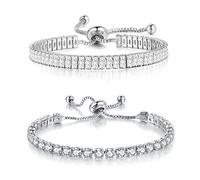 TOEECY 2 Pezzi Bracciale Tennis Donna Zirconi Bianchi Taglio Diamante Cristallo Regolabile Classico per Regali Compleanno Anniversario Mamma Figlia (Argento,#1)