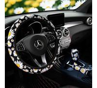TOEECY 3 Pezzi Set Coprivolante Margherita Decorativo Universale Protezione Volante Auto Accessori Interni Antiscivolo Elegante Stampa Floreale