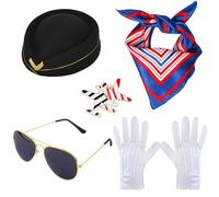 TOEECY 5 Pezzi Accessori Cosplay Hostess Volo Accessori Costume Hostess Set Cosplay con Guanti, Occhiali, Sciarpa, Spilla, Berretto per Feste Maschera ed Eventi a Tema Adulti