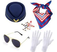 TOEECY 5 Pezzi Accessori Cosplay Hostess Volo Accessori Costume Hostess Set Cosplay con Guanti, Occhiali, Sciarpa, Spilla, Berretto per Feste Maschera ed Eventi a Tema Adulti