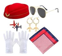 TOEECY 5 Pezzi Accessori Cosplay Hostess Volo Accessori Costume Hostess Set Cosplay con Guanti, Occhiali, Sciarpa, Spilla, Berretto per Feste Maschera ed Eventi a Tema Adulti