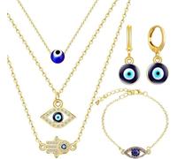 TOEECY 5 Pezzi Set Gioielli Occhio Portafortuna Collane Stratificate Bracciale Orecchini Hamsa Ciondolo Simbolo Protezione Catena Oro
