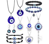 TOEECY 5 Pezzi Set Gioielli Occhio Portafortuna Collane Stratificate Bracciale Orecchini Hamsa Ciondolo Simbolo Protezione Catena Oro