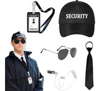 TOEECY 6 Pezzi Set Costume Agente Sicurezza Cappello Badge Occhiali Cravatta Auricolare Tesserino Professionale Guardia