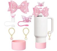 TOEECY 6 Pezzi Set Decorativo Cannucce Riutilizzabili Glitter Fiocco Farfalla Ciondoli Catena Base Silicone Accessori Tazza Termica