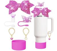 TOEECY 6 Pezzi Set Decorativo Cannucce Riutilizzabili Glitter Fiocco Farfalla Ciondoli Catena Base Silicone Accessori Tazza Termica