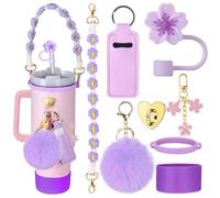 TOEECY 8 Pezzi Set Accessori Cannucce Riutilizzabili Floreali Portachiavi Pompom Tracolla Decorativa Bottiglia Termica Custodia Silicone