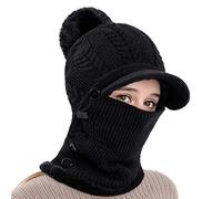 TOEECY Berretto Invernale da Donna Set di Cappelli e Scaldacollo in Maglia Calda Spesso Pom Pom Cappello Lavorato Flessibile Maschera per Il Viso Regolabile per Sci Sport All'aperto (Nero)