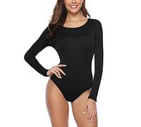 TOEECY Body Donna Manica Lunga Elegante Girocollo Basic Tuta Aderente Bodysuit Lingerie Tinta Unita Pagliaccetto Elasticizzato Jumpsuits Tops (Nero,S)