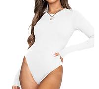 TOEECY Body Donna Manica Lunga Elegante Girocollo Basic Tuta Aderente Bodysuit Lingerie Tinta Unita Pagliaccetto Elasticizzato Jumpsuits Tops (Bianco,S)