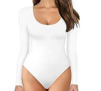 TOEECY Body Donna Manica Lunga Elegante Sexy Girocollo Basic Tuta Aderente Bodysuit Lingerie Tinta Unita Pagliaccetto Elasticizzato Jumpsuits Tops (Bianco,L)