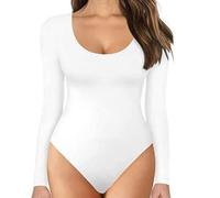 TOEECY Body Donna Manica Lunga Elegante Sexy Girocollo Basic Tuta Aderente Bodysuit Lingerie Tinta Unita Pagliaccetto Elasticizzato Jumpsuits Tops (Bianco,L)