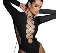 TOEECY Body Donna Manica Lunga Elegante Sexy Scollo a V Ritaglio A rete Allacciato Tuta Aderente Bodysuit Lingerie Tinta Unita Pagliaccetto Elasticizzato Casuale Jumpsuits Tops (Nero,L)