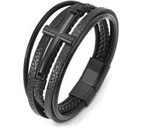 TOEECY Bracciale Croce Multistrato Intrecciato Pelle Genuina Chiusura Magnetica Stile Vintage Accessorio Maschile