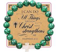 TOEECY Bracciale Rotondo Malachite Motivazionale Religioso Croce Bianca Pietra Naturale Elastico Inspirazione Spirituale Preghiera Meditazione