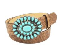 TOEECY Cintura Donna Ovale Fiore Turchese Inciso Paisley Pelle 3.8cm Larghezza 110cm Lunghezza Fibbia Vintage Boho