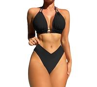 TOEECY Costume da Bagno Donna Due Pezzi Halter Neck Ruched Taglio Bikini Set Reggiseno con Fondo Pantaloncini da Bagno Vita Alta Sexy Push up Costumi da Mare Beachwear Swimwear (Nero,L)