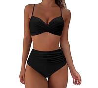 TOEECY Costume da Bagno Donna Due Pezzi Regolabile Bikini Set Ruched Reggiseno con Fondo Pantaloncini da Bagno Vita Alta Sexy Push up Costumi da Mare Beachwear Swimwear (Nero,S)