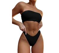 TOEECY Costume da Bagno Donna Due Pezzi Senza Spalline Bikini Set Reggiseno con Fondo Pantaloncini da Bagno Vita Alta Sexy Push up Costumi da Mare Beachwear Swimwear (Nero,S)