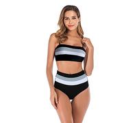 TOEECY Costume da Bagno Donna Due Pezzi Stripe Bikini Set Reggiseno con Fondo Pantaloncini da Bagno Vita Alta Sexy Push up Costumi da Mare Beachwear Swimwear (Nero,XL)