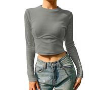 TOEECY Donna Maglietta a Maniche Lunghe Crop Top Basic Top Girocollo Corta Sexy Aderente Top Elasticizzato Slim T-Shirt Moda Casual Solid Tight Pullover per Primavera Autuno (Grigio)