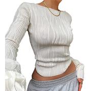 TOEECY Donna Maglietta a Maniche Lunghe Crop Top Basic Top Girocollo Testurizzato Sexy Tinta Unita Top Elasticizzato Slim T-Shirt Moda Casual per Primavera Autuno (Bianco,M)