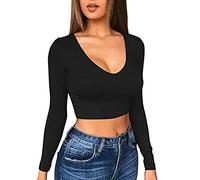 TOEECY Donna Maglietta a Maniche Lunghe Crop Top Sexy Basic Top Scollo a V Profondo Moda Elasticizzato Slim T-Shirt Casual Aderente Tinta Unita Top per Primavera Autuno (Nero,L)