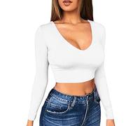 TOEECY Donna Maglietta a Maniche Lunghe Crop Top Sexy Basic Top Scollo a V Profondo Moda Elasticizzato Slim T-Shirt Casual Aderente Tinta Unita Top per Primavera Autuno (Bianco,S)