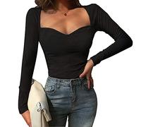 TOEECY Donna Maglietta a Maniche Lunghe Sexy Slim Fit Maglione a Costine a Collo Quadrato Basic Crop Top in Maglia Elasticizzato Aderente Top Moda Casual Solida T-Shirt per Primavera Autuno (Nero)