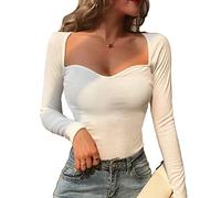 TOEECY Donna Maglietta a Maniche Lunghe Sexy Slim Fit Maglione a Costine a Collo Quadrato Basic Crop Top in Maglia Elasticizzato Aderente Top Moda Casual Solida T-Shirt per Primavera Autuno (Bianco)