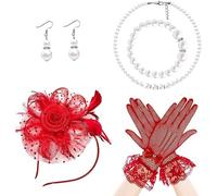 TOEECY Fascinator nero elegante con rete a pois e piume + Set di accessori per capelli + Cerchietto con fiore in tessuto + Accessori per capelli da festa + Set di 3 pezzi