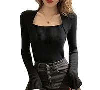 TOEECY Maglietta a Maniche Lunghe Donna Finto Due Pezzi Scollo a U Basic Sexy Aderente Tinta Unita Top Elasticizzato Slim T-Shirt Moda Casual per Primavera Autuno (Nero)