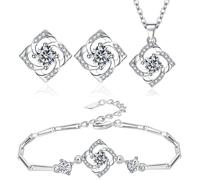TOEECY Parure di Gioielli Argento Quadrifoglio Pendente Collana Orecchini e Bracciali Set Fortunato Gioielli Zircone Set per Donna Ragazze da Sposa Bianca