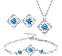 TOEECY Parure di Gioielli Argento Quadrifoglio Pendente Collana Orecchini e Bracciali Set Fortunato Gioielli Zircone Set per Donna Ragazze da Sposa Blu
