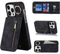 TOEECY Porta Carte Telefoniche Case Custodia a Portafoglio con Cerniera Cover in Pelle Multifunzione Carte Tasca Supporto ad Anello Lettura Video Mani Libere per iPhone(Pro/Nero)