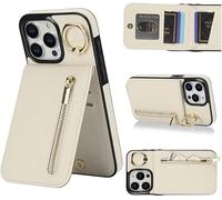 TOEECY Porta Carte Telefoniche Case Custodia a Portafoglio con Cerniera Cover in Pelle Multifunzione Carte Tasca Supporto ad Anello Lettura Video Mani Libere per iPhone(16/Bianco Sporco)